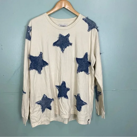 Free People One Teaspoon Denim Star BF Long Sleeve Top Cream XL - Picture 2 of 5